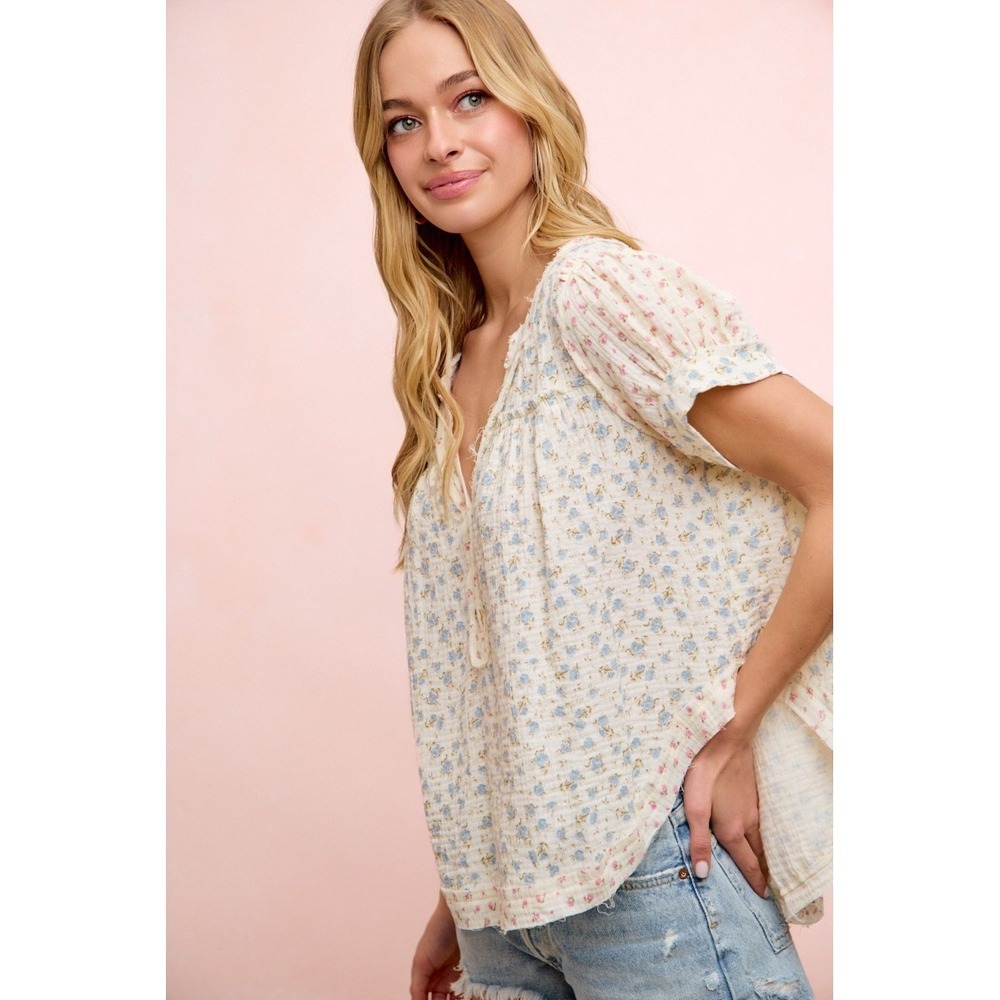 BiBi Floral Crinkle Neckdrop Short Sleeve Blouse Top - Medium - Picture 8 of 10